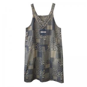 V-Neck Vintage Printed Denim Dress Summer Midi Overalls Dress