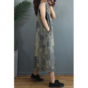 V-Neck Vintage Printed Denim Dress Summer Midi Overalls Dress