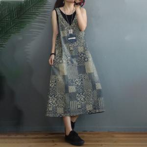 V-Neck Vintage Printed Denim Dress Summer Midi Overalls Dress