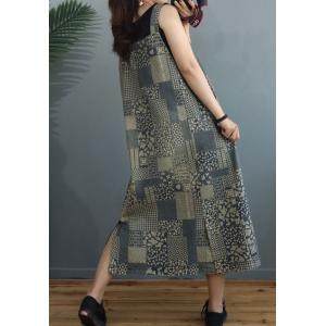 V-Neck Vintage Printed Denim Dress Summer Midi Overalls Dress