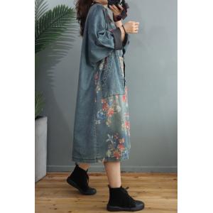 Red Flowers Vintage Denim Coat Plus Size Chinese Denim Dress