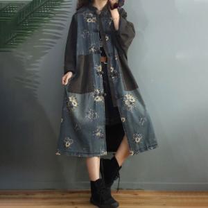 Red Flowers Vintage Denim Coat Plus Size Chinese Denim Dress