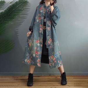 Red Flowers Vintage Denim Coat Plus Size Chinese Denim Dress