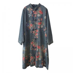 Red Flowers Vintage Denim Coat Plus Size Chinese Denim Dress