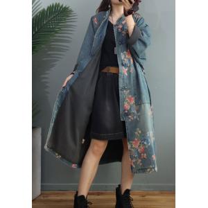 Red Flowers Vintage Denim Coat Plus Size Chinese Denim Dress