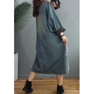 Red Flowers Vintage Denim Coat Plus Size Chinese Denim Dress