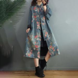 Red Flowers Vintage Denim Coat Plus Size Chinese Denim Dress