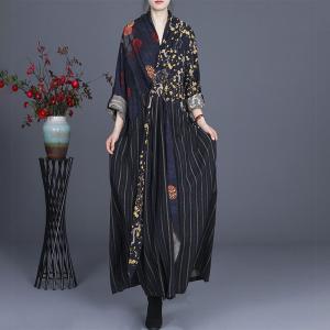 Colorful Printed Belted Maxi Dress Striped Silk Linen Spring Dress