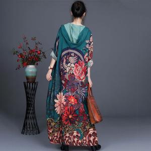 Chinese Printed Vintage Hooded Dress Loose Fit Trench Coat