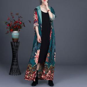 Chinese Printed Vintage Hooded Dress Loose Fit Trench Coat