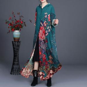 Chinese Printed Vintage Hooded Dress Loose Fit Trench Coat