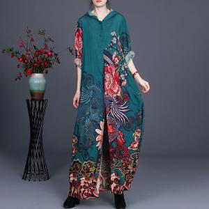 Chinese Printed Vintage Hooded Dress Loose Fit Trench Coat