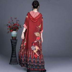 Chinese Printed Vintage Hooded Dress Loose Fit Trench Coat