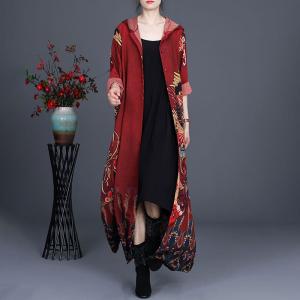 Chinese Printed Vintage Hooded Dress Loose Fit Trench Coat