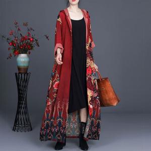 Chinese Printed Vintage Hooded Dress Loose Fit Trench Coat