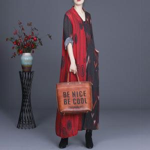 Silk Linen V-Neck Shift Dress Abstract Printed Loose Clothing