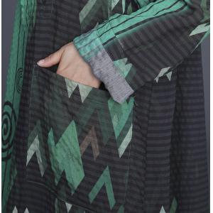 Silk Linen V-Neck Shift Dress Abstract Printed Loose Clothing