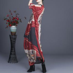 Spring Fashion V-Neck Beach Dress Silk Linen Printed Flowing Dress
