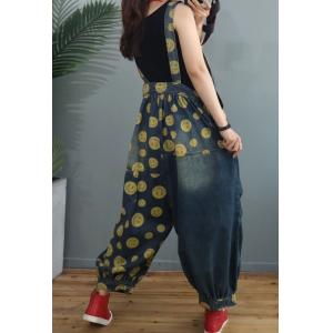 Smile Face Plus Size Balloon Overalls Denim Floral Backless Dungarees