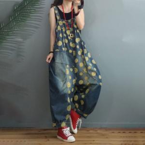 Smile Face Plus Size Balloon Overalls Denim Floral Backless Dungarees