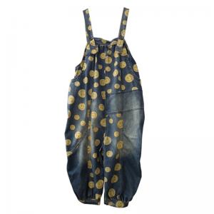 Smile Face Plus Size Balloon Overalls Denim Floral Backless Dungarees