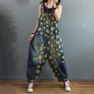 Smile Face Plus Size Balloon Overalls Denim Floral Backless Dungarees