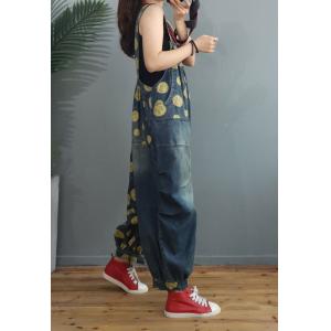 Smile Face Plus Size Balloon Overalls Denim Floral Backless Dungarees
