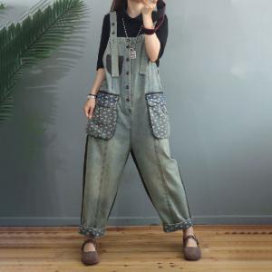 Floral Pockets Baggy Gardening Clothes Straight Leg Bib Overalls