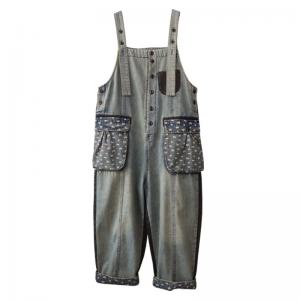 Floral Pockets Baggy Gardening Clothes Straight Leg Bib Overalls