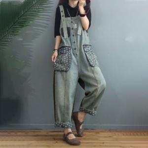 Floral Pockets Baggy Gardening Clothes Straight Leg Bib Overalls