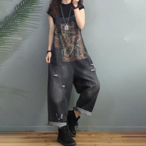 Printed Patchwork Farmer Overalls Womens Baggy  Ripped Dungarees