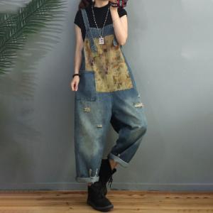 Printed Patchwork Farmer Overalls Womens Baggy  Ripped Dungarees