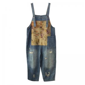 Printed Patchwork Farmer Overalls Womens Baggy  Ripped Dungarees