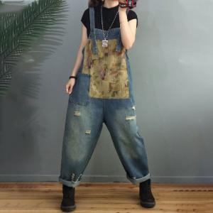 Printed Patchwork Farmer Overalls Womens Baggy  Ripped Dungarees