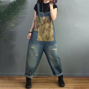 Printed Patchwork Farmer Overalls Womens Baggy  Ripped Dungarees