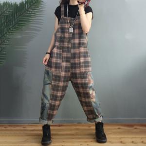 Classic Plaids Overalls Casual Printed One-Piece Jeans for Women