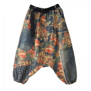 Colorful Flowers Low Crotch Jeans Fringed Hammer Pants for Women