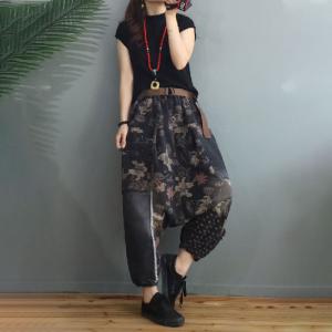 Colorful Flowers Low Crotch Jeans Fringed Hammer Pants for Women