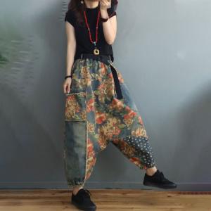 Colorful Flowers Low Crotch Jeans Fringed Hammer Pants for Women