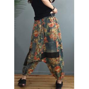 Colorful Flowers Low Crotch Jeans Fringed Hammer Pants for Women