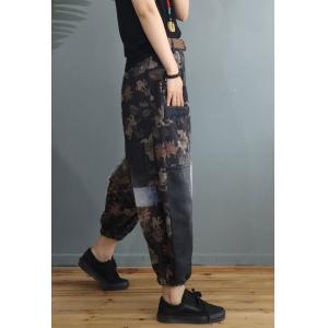 Colorful Flowers Low Crotch Jeans Fringed Hammer Pants for Women