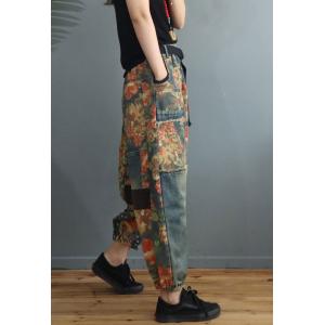 Colorful Flowers Low Crotch Jeans Fringed Hammer Pants for Women