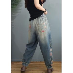 Rose Flowers Tapered Jeans Drawstring Waist Relaxed Bootcut Jeans