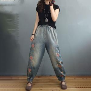 Rose Flowers Tapered Jeans Drawstring Waist Relaxed Bootcut Jeans