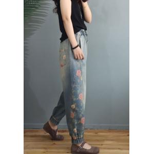 Rose Flowers Tapered Jeans Drawstring Waist Relaxed Bootcut Jeans