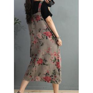 Deep-V Printed Summer Dress Cotton Linen Big Pocket Overall Dress