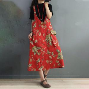 Deep-V Printed Summer Dress Cotton Linen Big Pocket Overall Dress