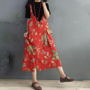 Deep-V Printed Summer Dress Cotton Linen Big Pocket Overall Dress