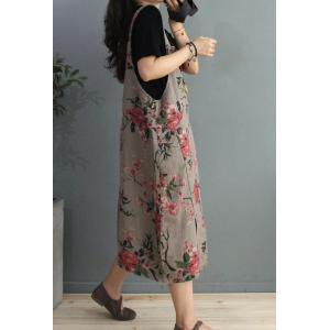 Deep-V Printed Summer Dress Cotton Linen Big Pocket Overall Dress