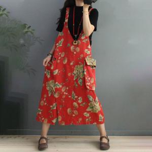 Deep-V Printed Summer Dress Cotton Linen Big Pocket Overall Dress